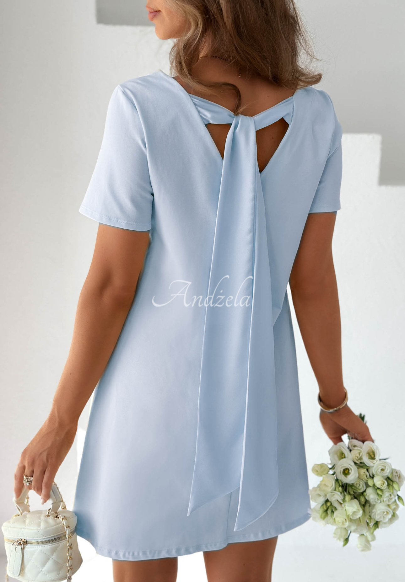 Bawełniana sukienka mini z kokardą Mariette błękitna