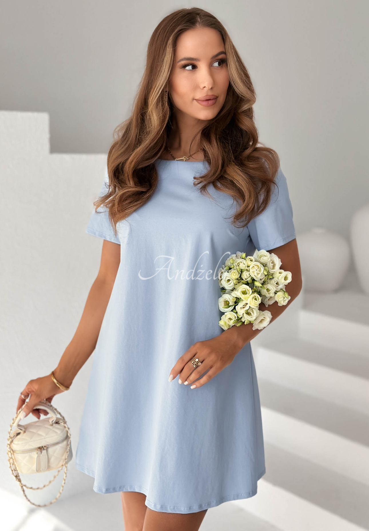 Bawełniana sukienka mini z kokardą Mariette błękitna