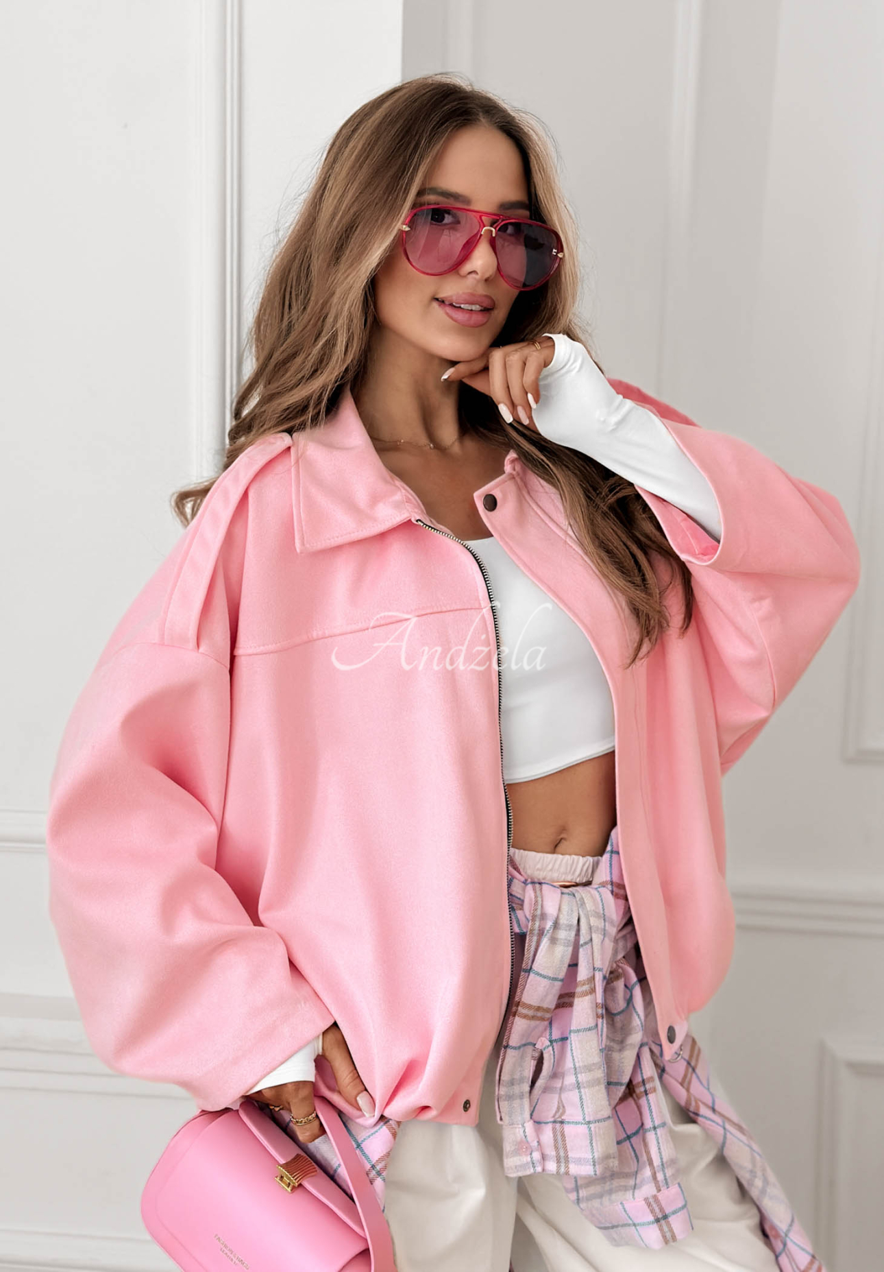 Early Season pink oversized suede bomber jacket