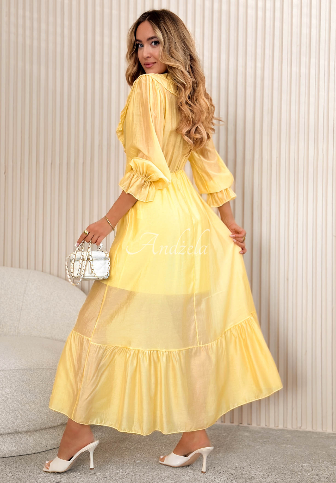Zwiewna sukienka maxi z falbankami z tencelu Lady Spring żółta