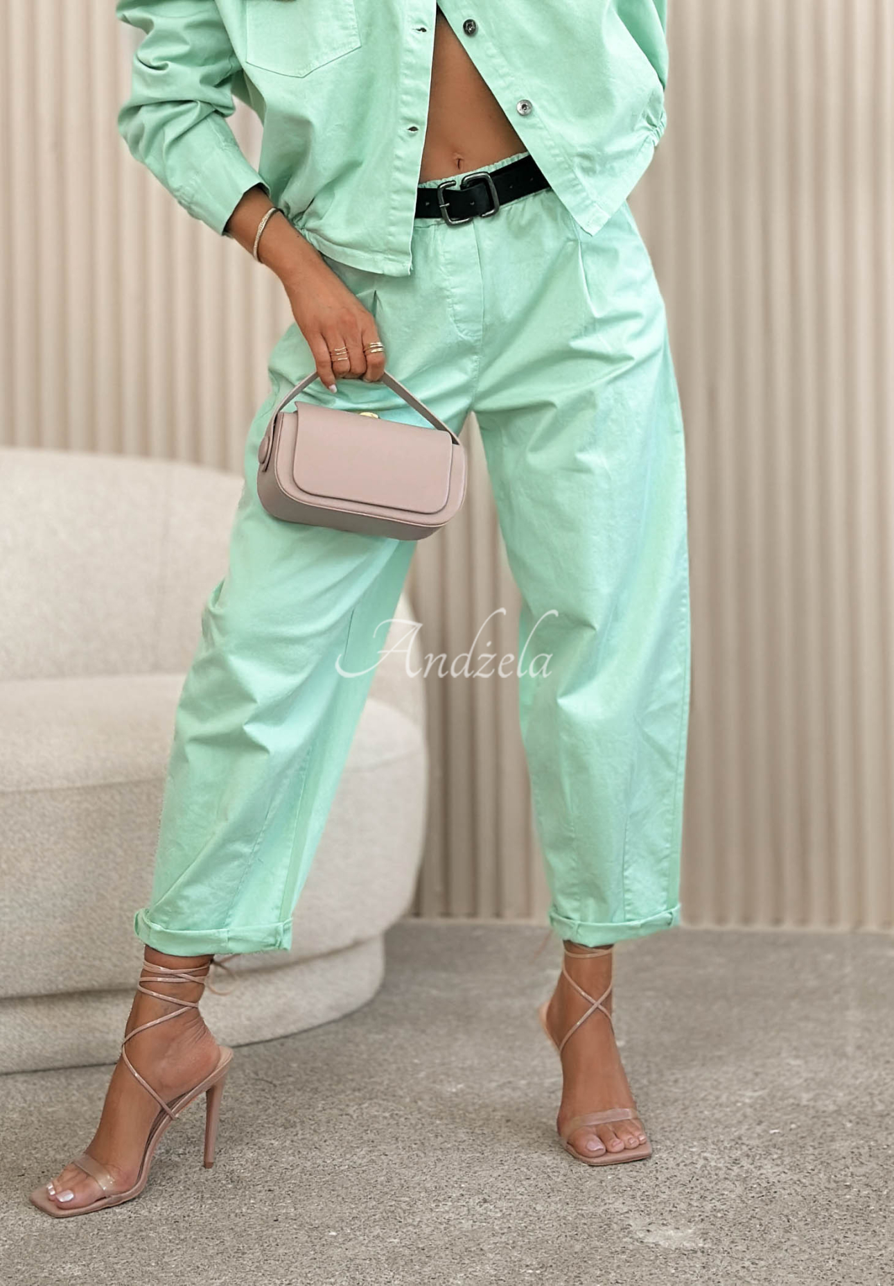 Nature Touch mint-colored cotton pants with a belt