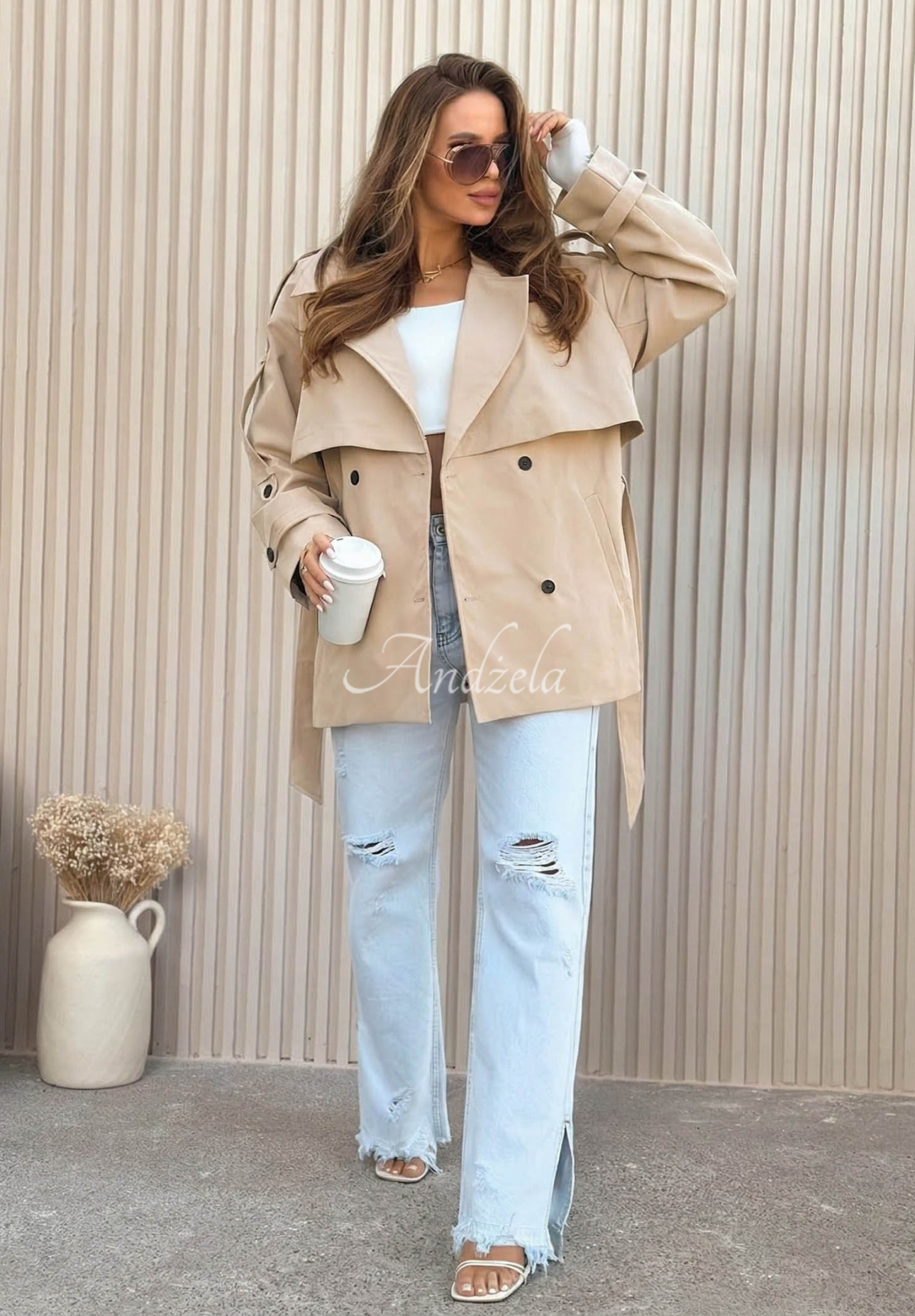 Nerissa Short Trench Coat with Belt in Beige