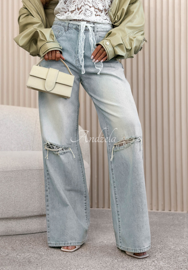 Spodnie jeansowe wide leg z koronkowym paskiem Gabrielle jasnoniebieskie
