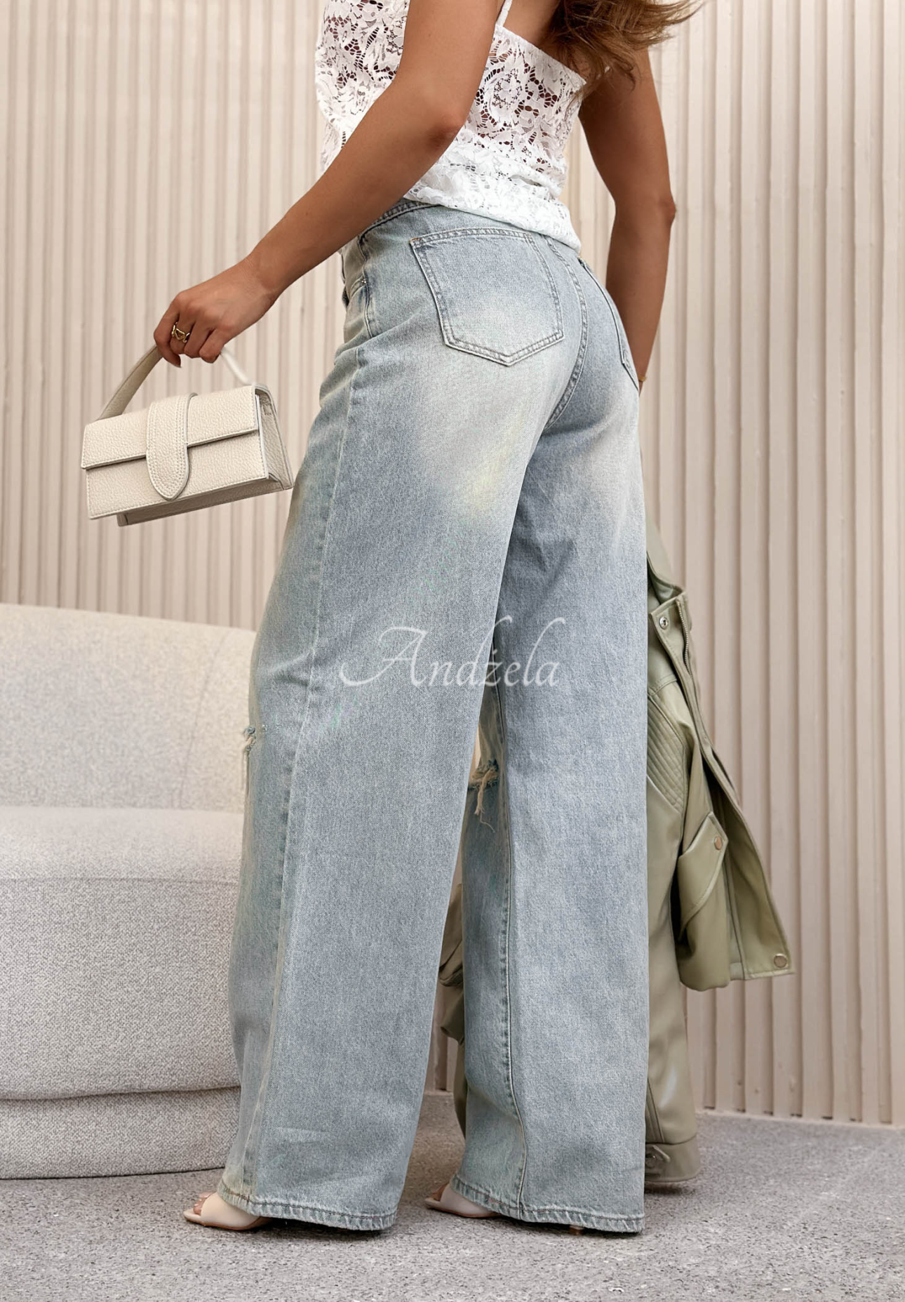 Gabrielle Light Blue Wide-Leg Jeans with Lace Waistband