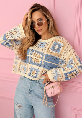 Ażurowy sweter boho Yasmine błękitny