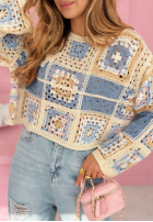 Ozdobnie pleciony ażurowy sweter Moonstone błękitno-różowy