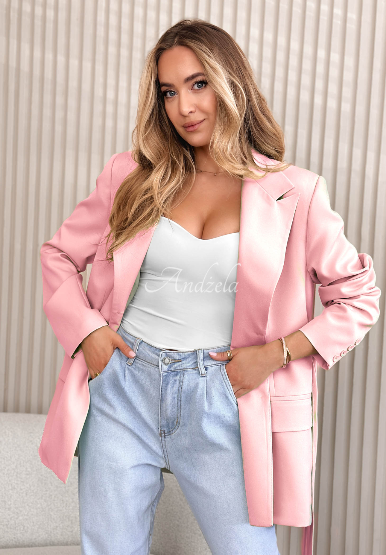 She Believed It powder pink jacket with tie