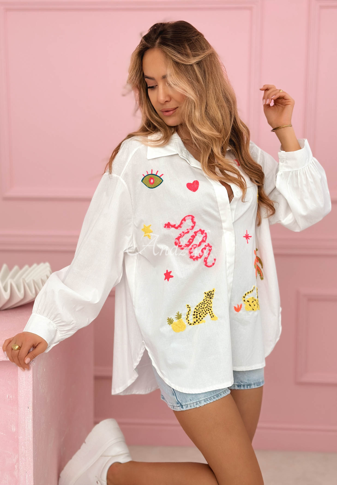 White cotton shirt with colorful Jungle Life patches