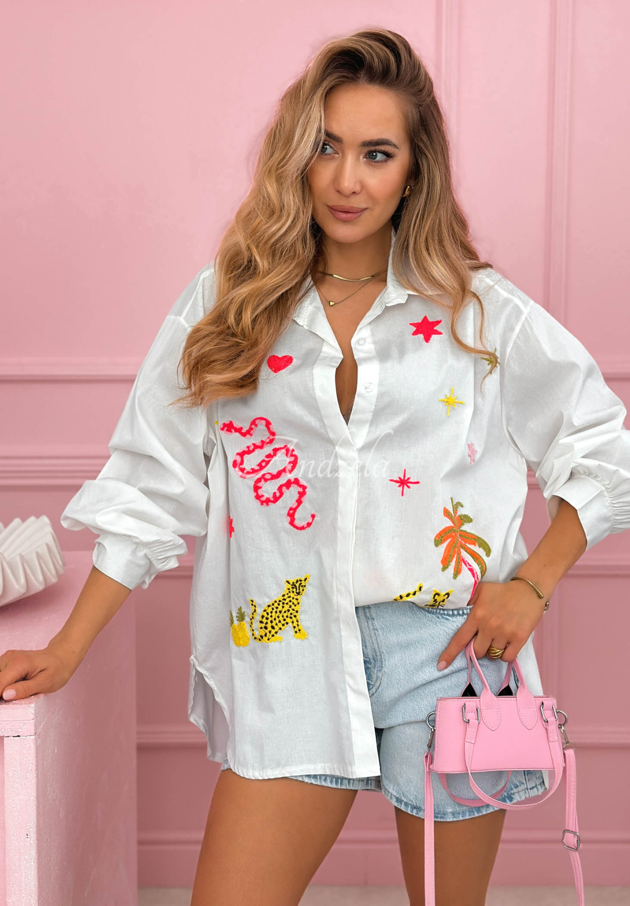 Bawełniana koszula z kolorowymi naszywkami Jungle Life biała