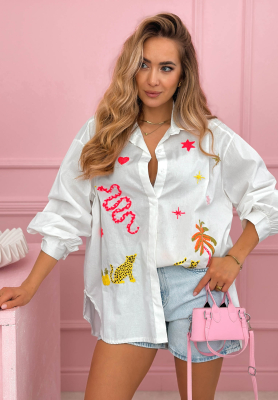 White cotton shirt with colorful Jungle Life patches