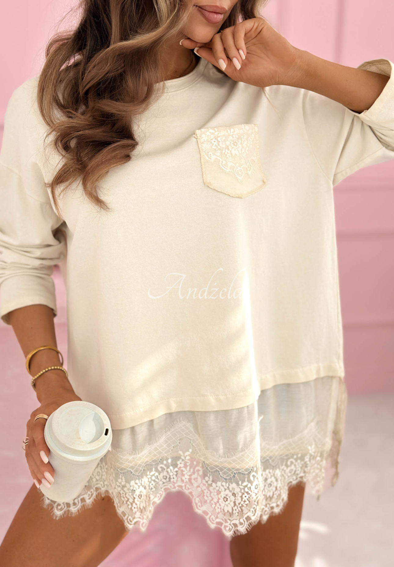Lovely Choices Beige Cotton Blouse with Asymmetrical Lace