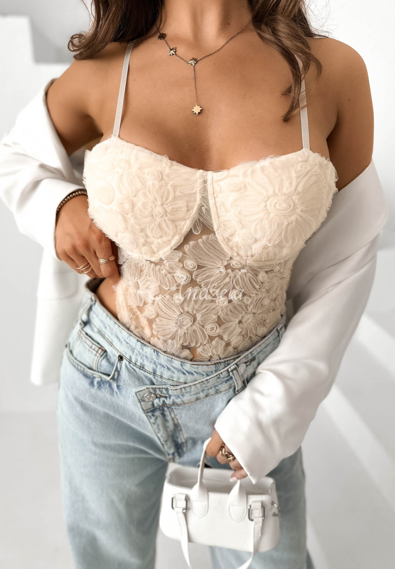 Laryssa Beige Tulle Strapless Bodysuit