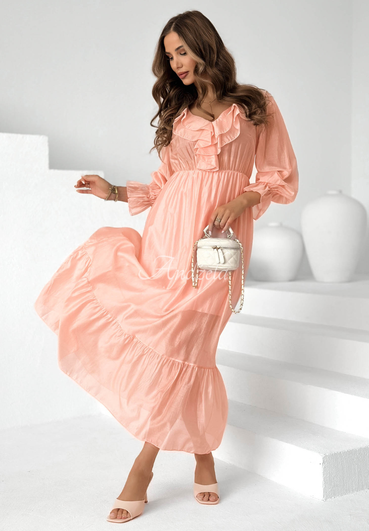 Lady Spring Pink Airy Tencel Maxi Dress with Ruffles