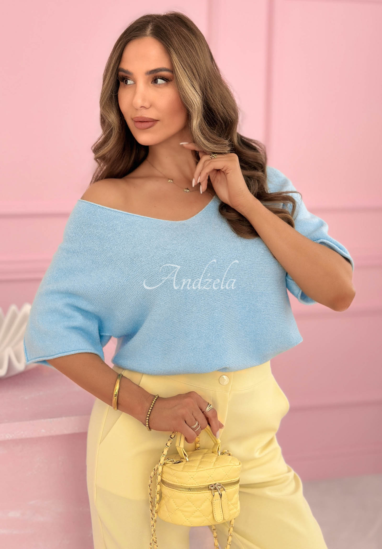 Summer Daydream Light Blue Viscose Sweater with a V-neck