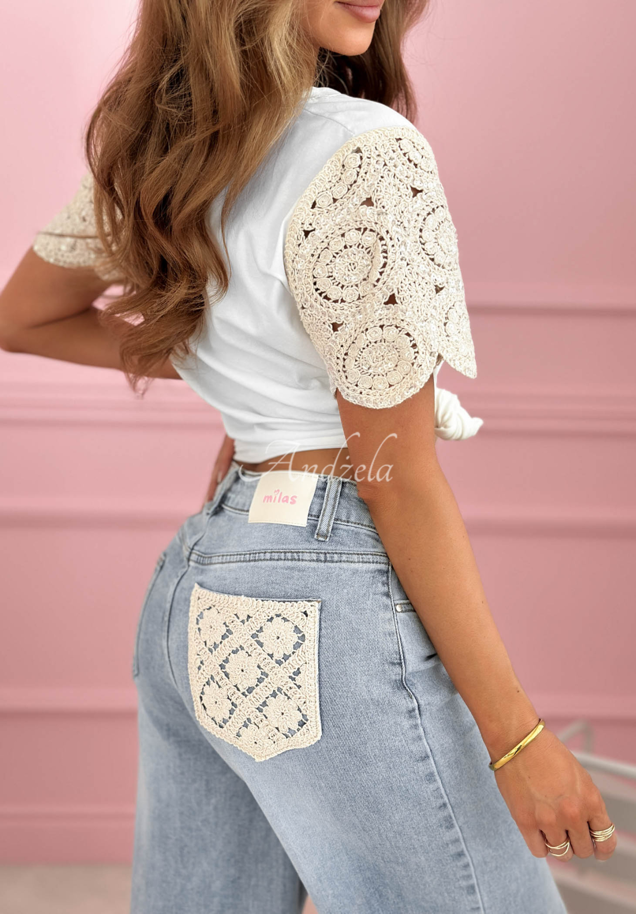 Spodnie jeansowe wide leg z koronką Scarlett jasnoniebieskie