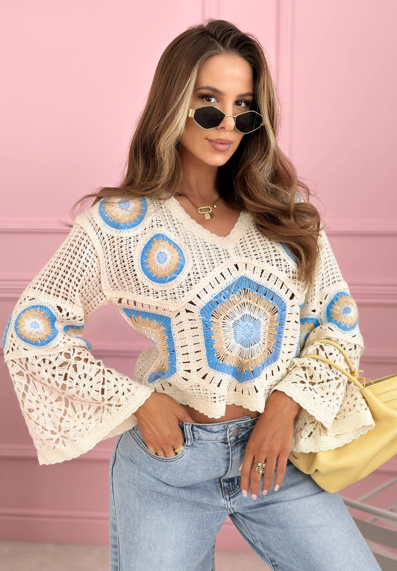 Ażurowy sweter boho Green Breeze beżowo-błękitny