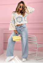 Ażurowy sweter boho Mandy beżowo-błękitny