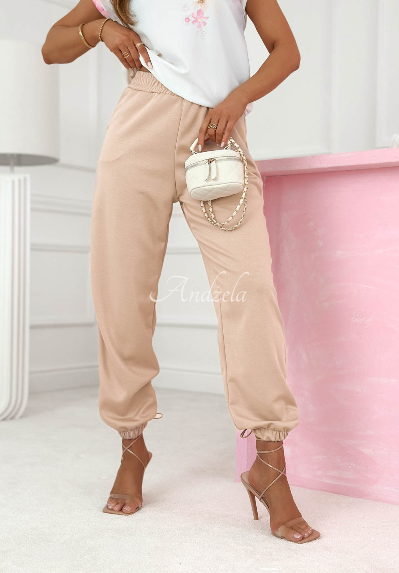 Evela Beige Floral Viscose Blouse and Pants Set