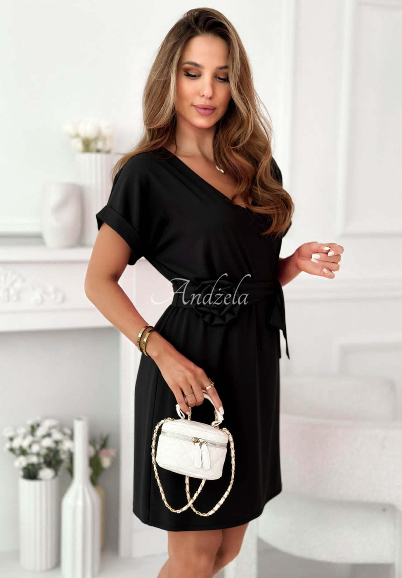 Petal Romance Black Mini Dress with Floral Print and Viscose