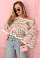 Krótki ażurowy sweter z różami Lil Rosie żółty