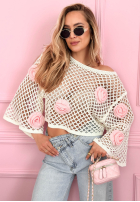 Krótki ażurowy sweter z różami Lil Rosie żółty