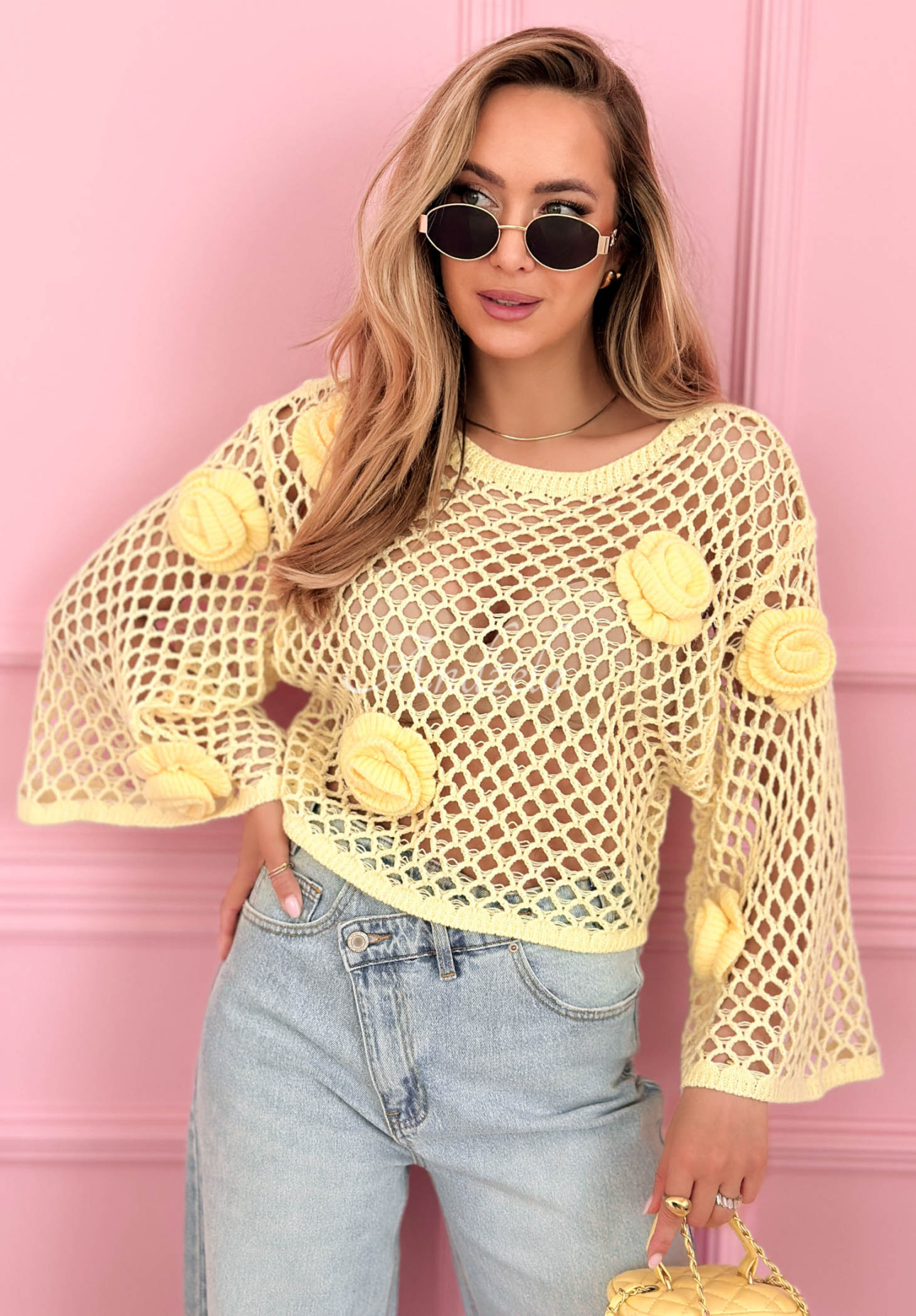 Short openwork sweater with roses, Summer Rose, yellow