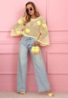 Krótki ażurowy sweter z różami Lil Rosie żółty