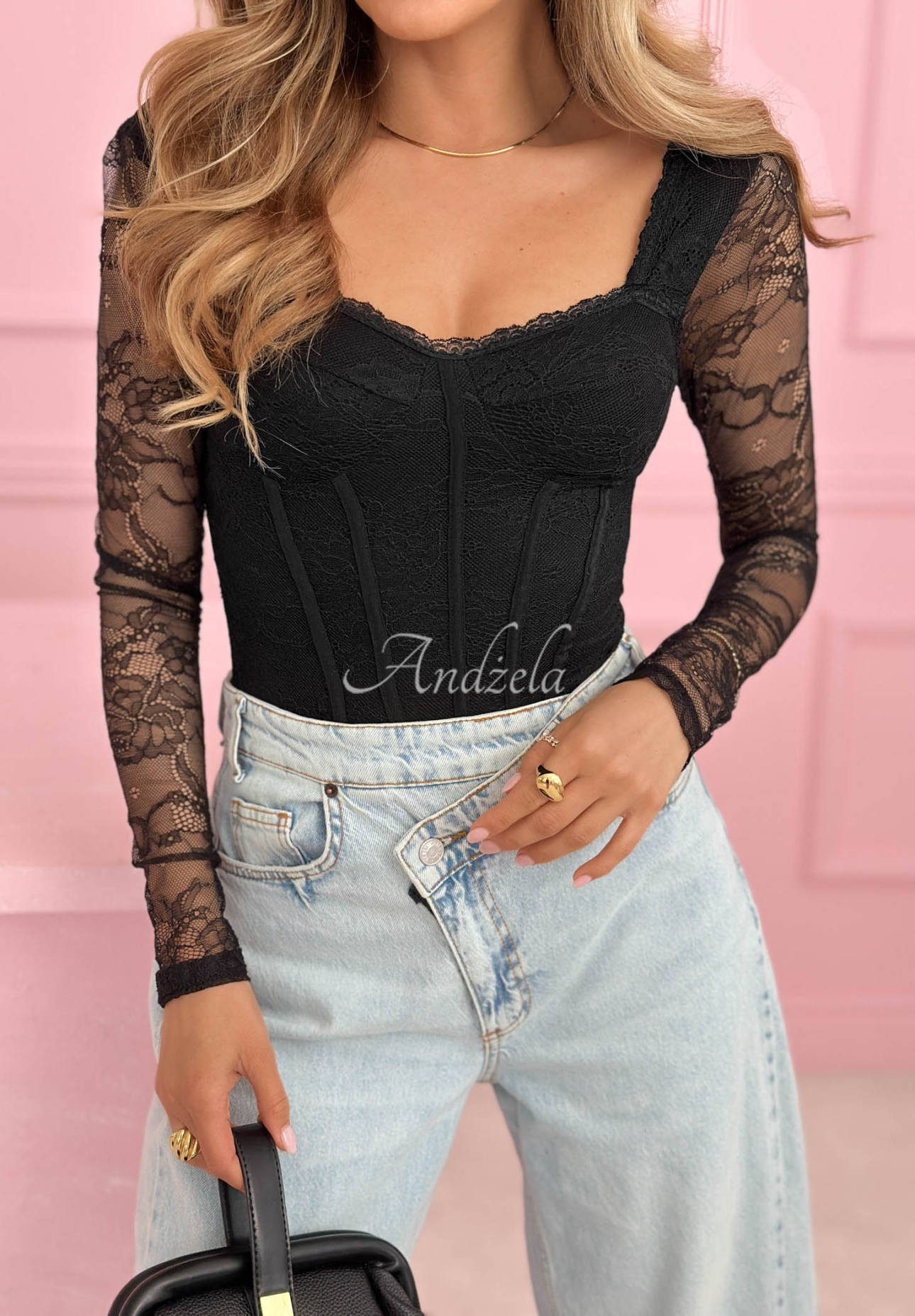 Koronkowe body longsleeve Noelia czarne