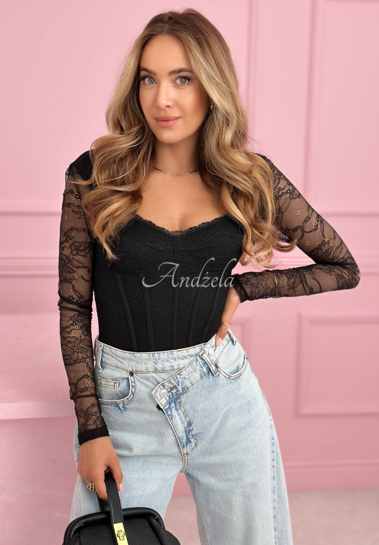 Noelia Black Long-Sleeve Lace Bodysuit