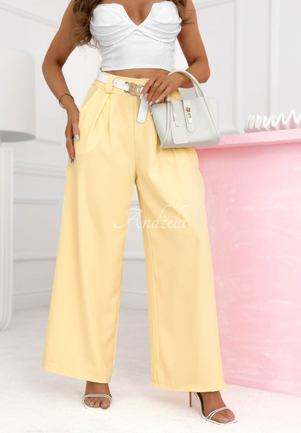 Wiskozowe spodnie szwedy wide leg z paskiem Morning Cappuccino ż&oacute;łte