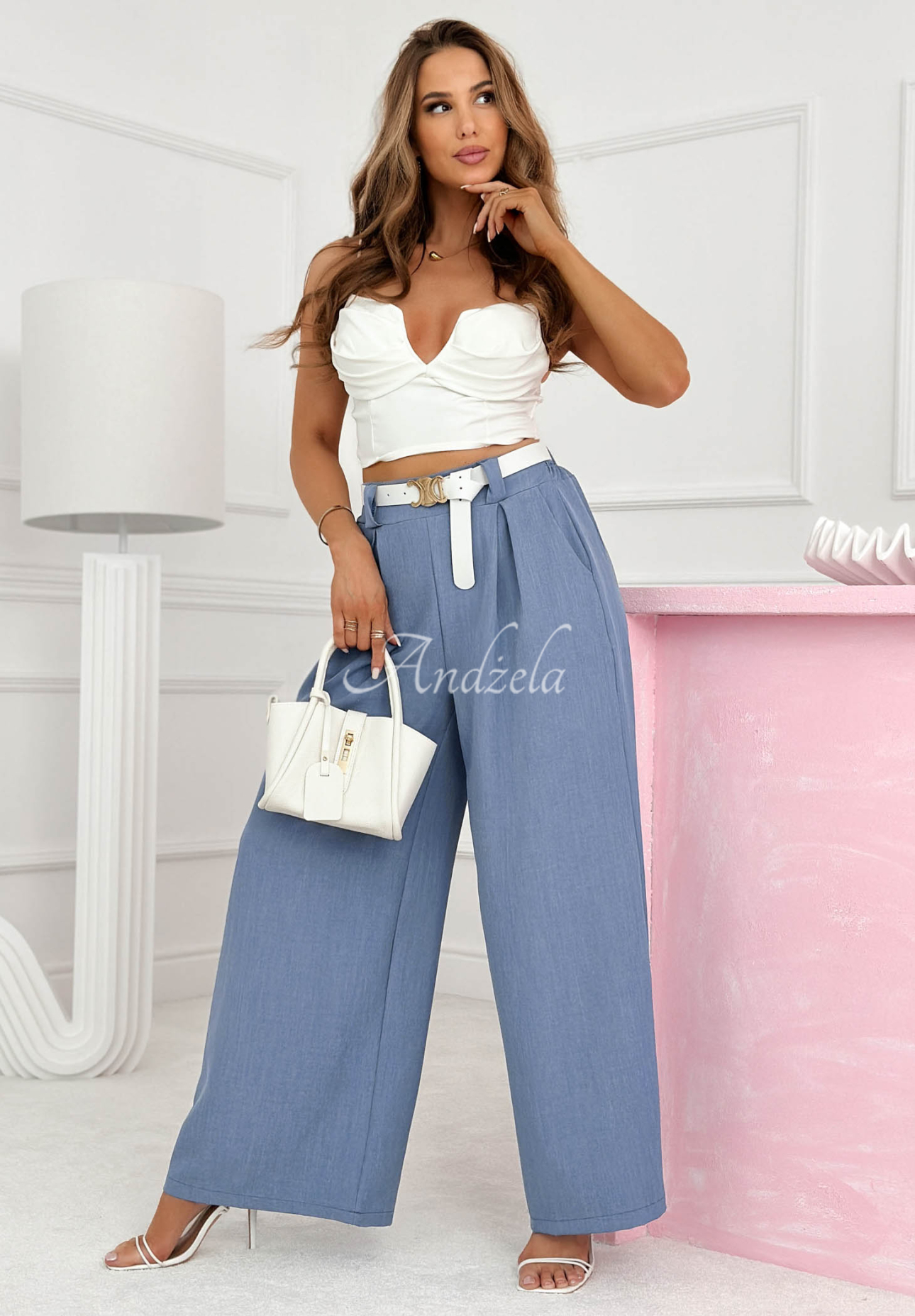 Viscose wide-leg Swedish-style pants with a belt in Morning Cappuccino blue