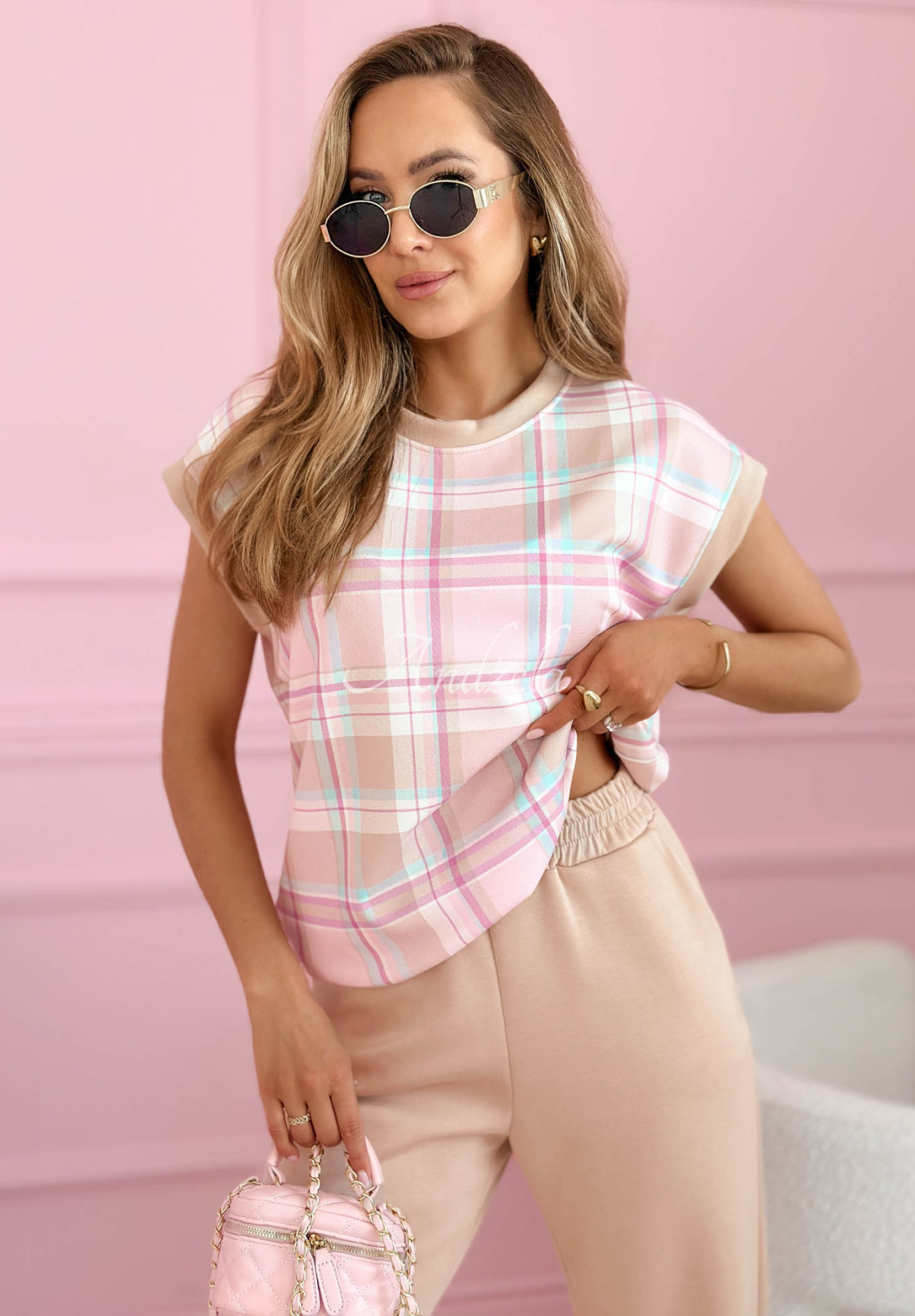 Always Here beige viscose checkered set (blouse and pants)