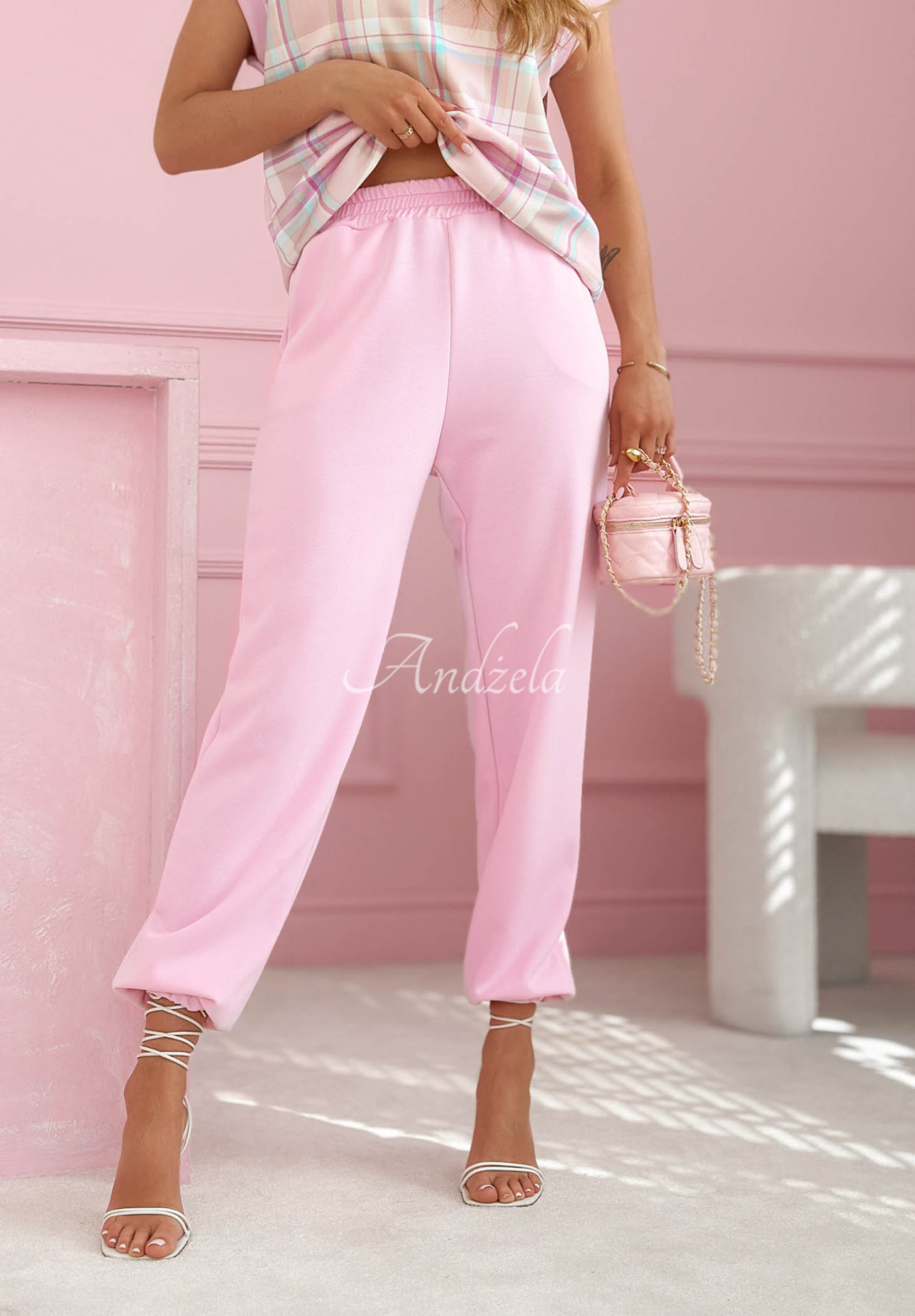 Always Here powder pink viscose checkered set (blouse and pants)