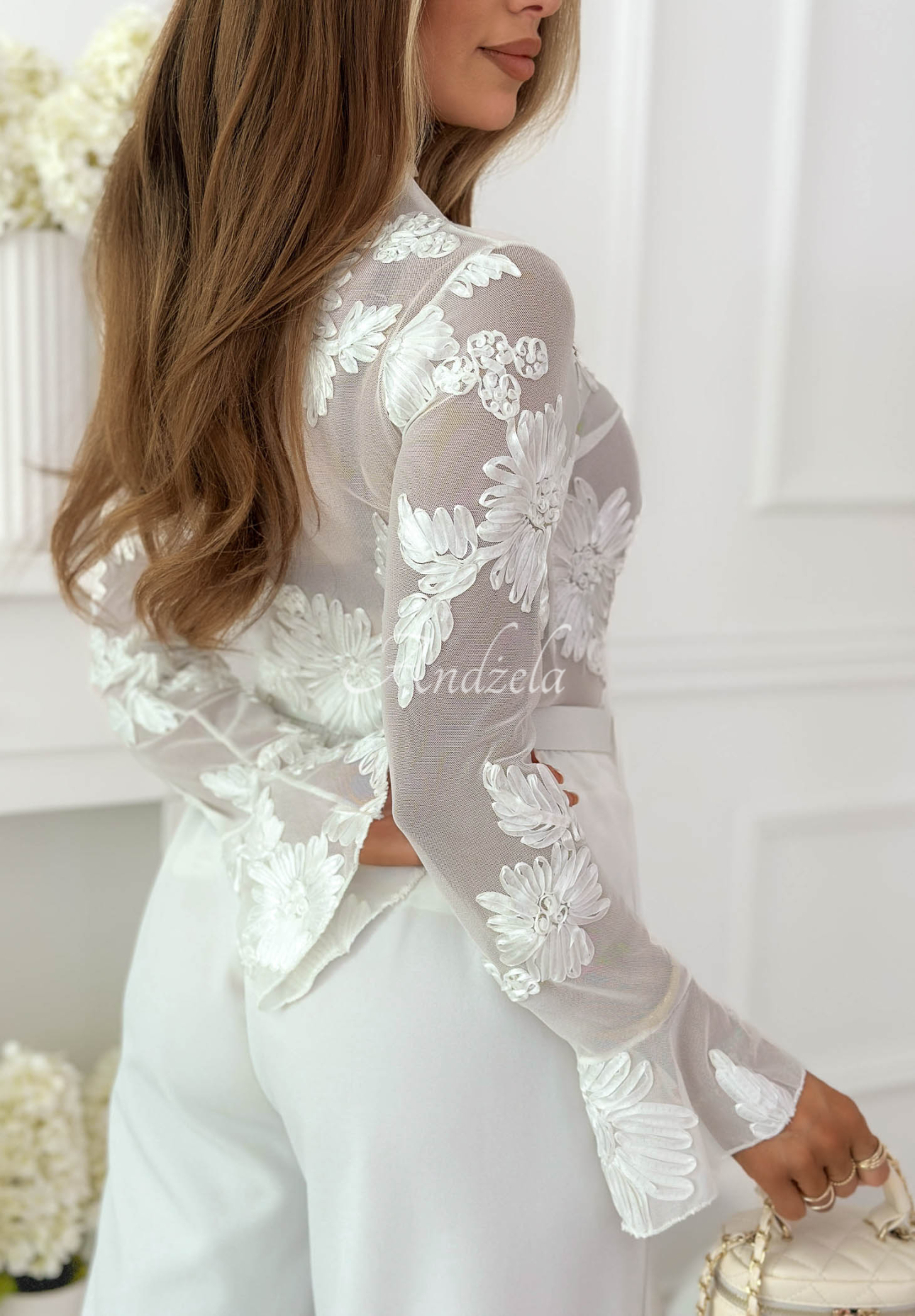White mesh blouse with "Flowery Twirls" embroidery