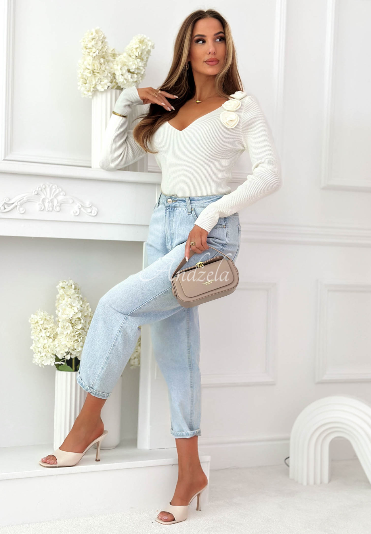 Rosavelle ecru viscose long-sleeve striped blouse with roses