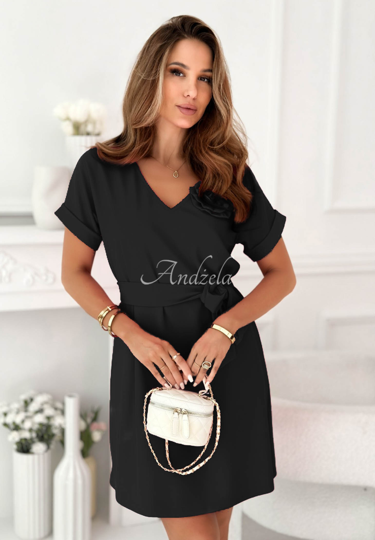 Petal Romance Black Mini Dress with Floral Print and Viscose