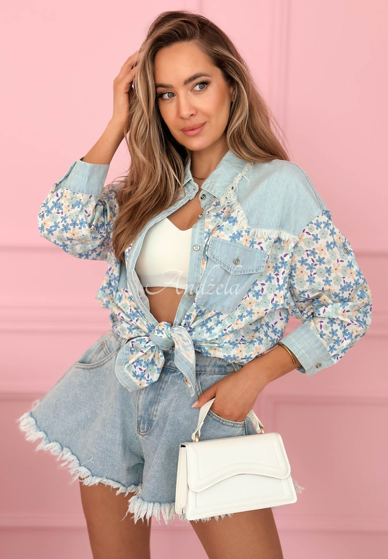 Sunny Bloom Floral Shirt with Denim Accents in Sky Blue