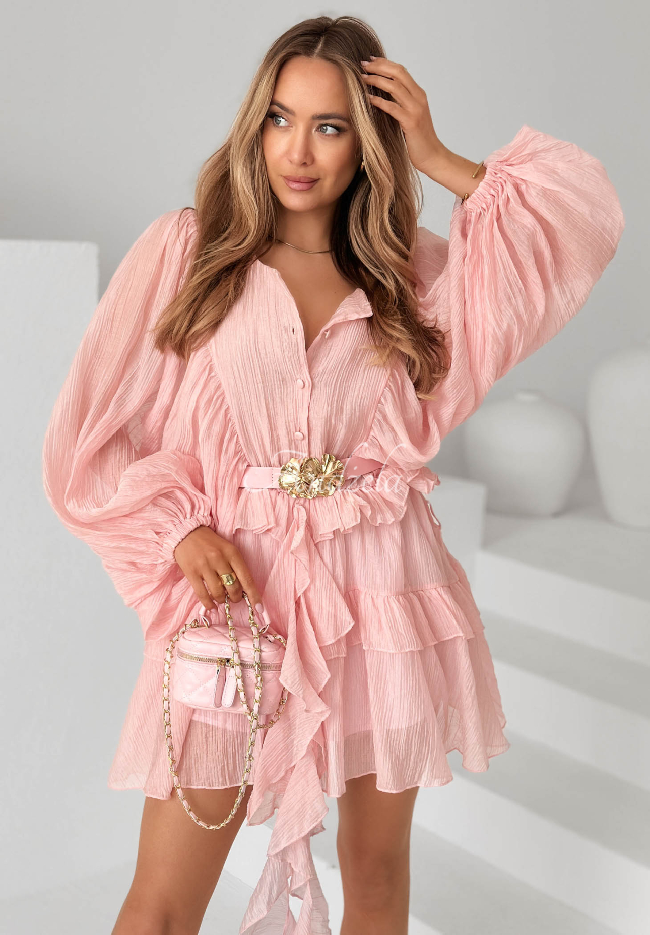 Tea On The Patio Pink Dress with Puffs and Ruffles