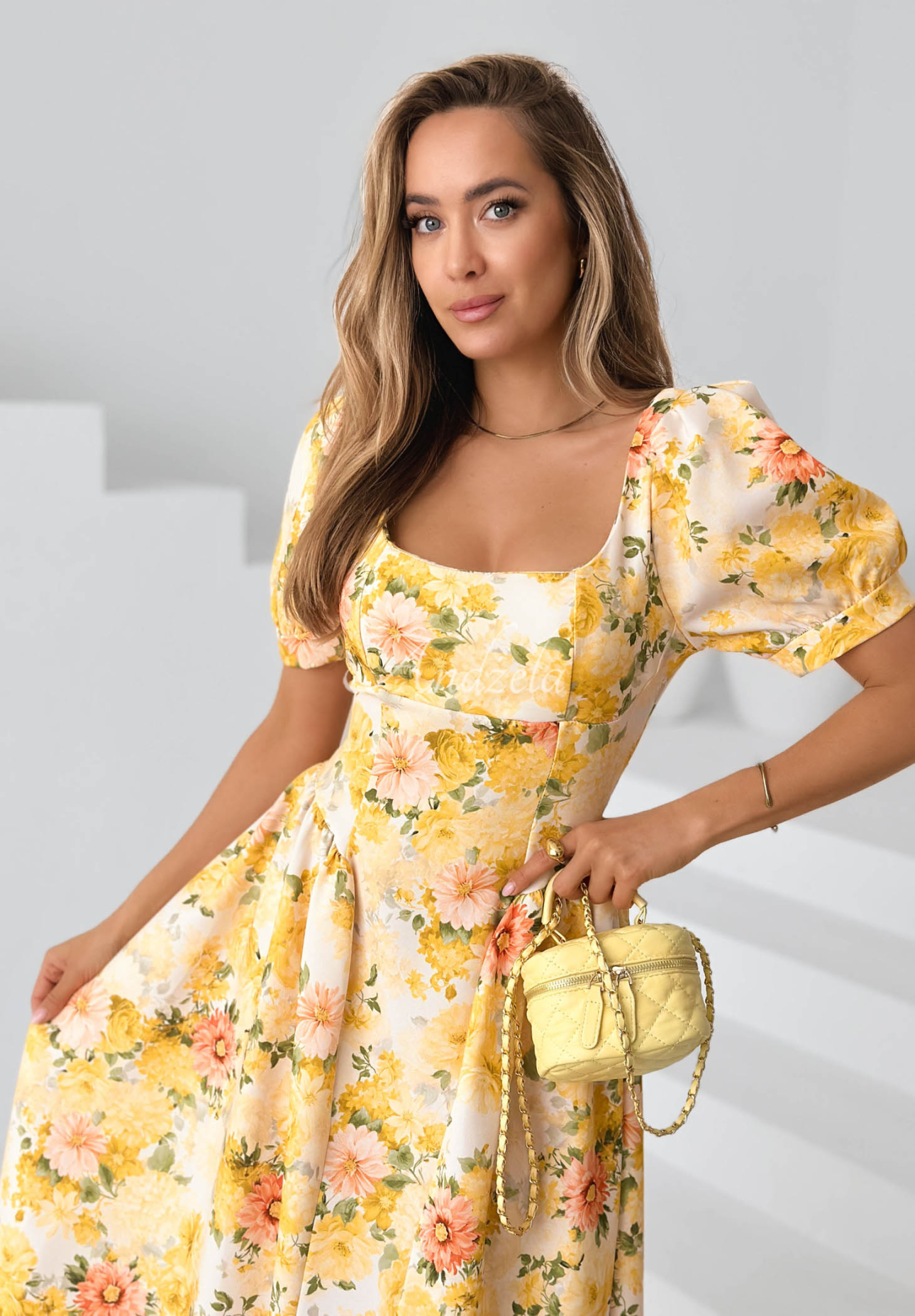 Summer Flowers Yellow Floral Midi Dress with Puff Sleeves