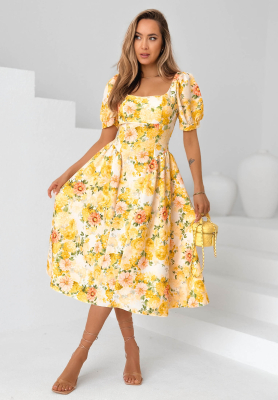 Summer Flowers Yellow Floral Midi Dress with Puff Sleeves