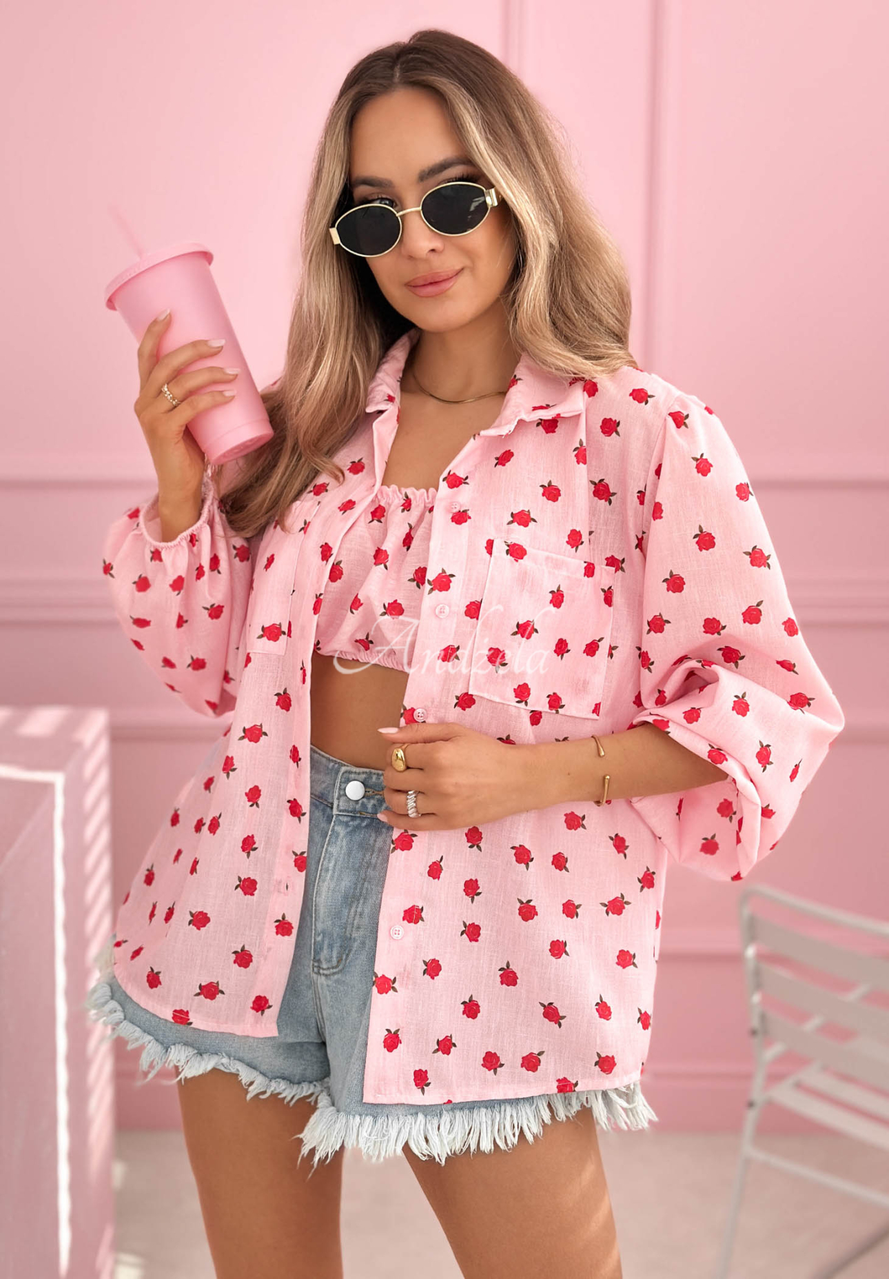 Cotton shirt and top set with roses, Velvet Rose, powder pink