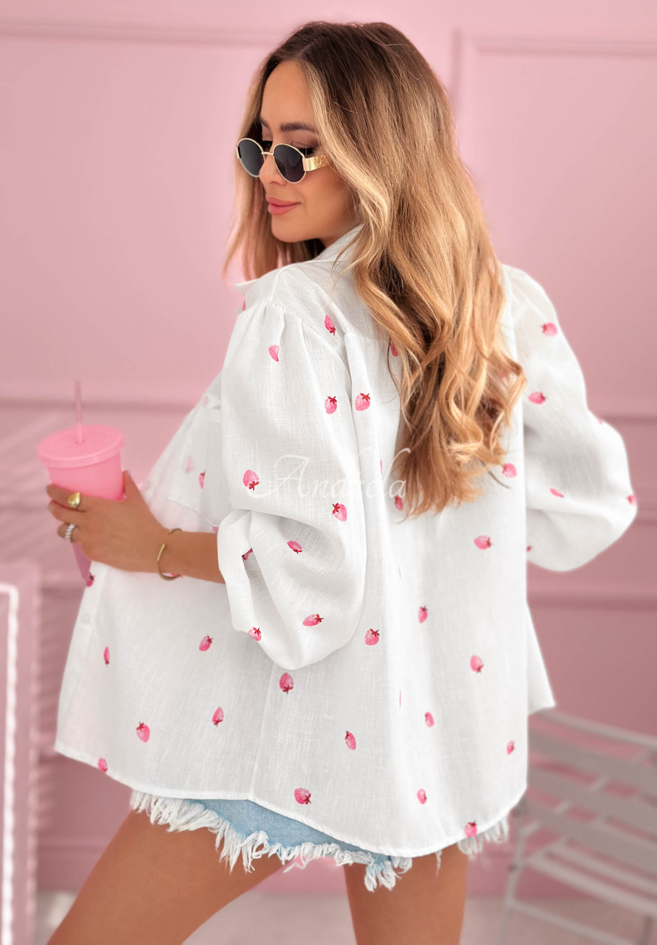 White "Sweet Strawberry" cotton shirt and top set with strawberry print