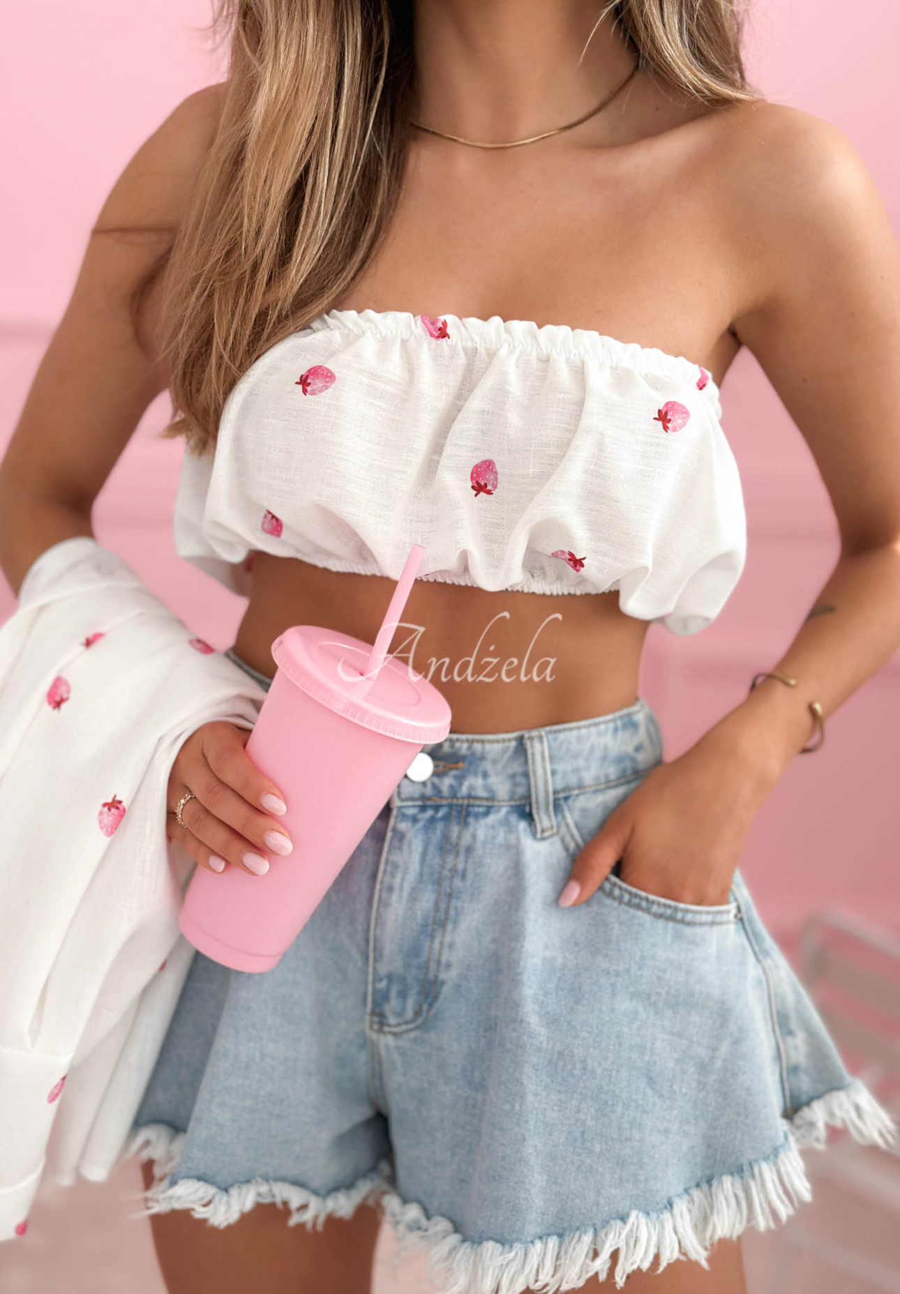 White "Sweet Strawberry" cotton shirt and top set with strawberry print