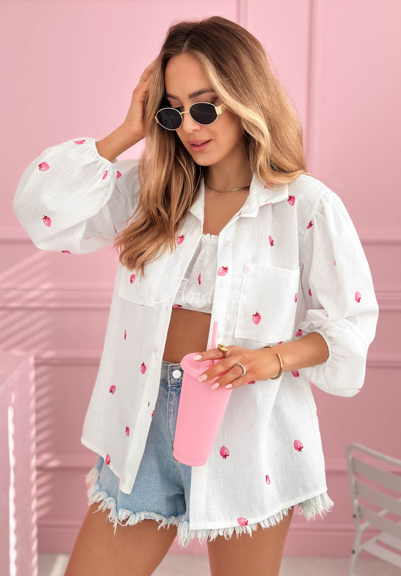 White "Sweet Strawberry" cotton shirt and top set with strawberry print