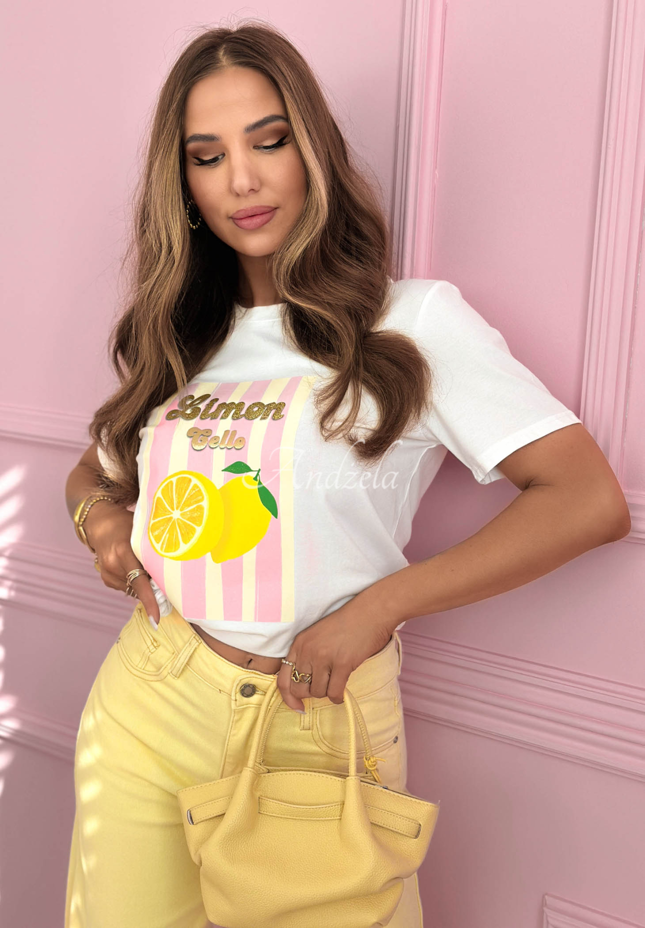 Bawełniany t-shirt z nadrukiem w paski Limon Gelato biało-różowy