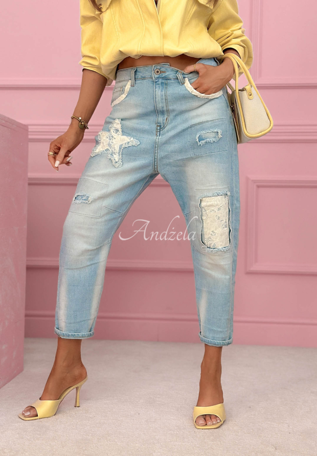 Blue mom-fit jeans with Place Like This patches