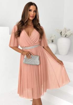 Tulle Vibes powder pink tulle midi dress with a belt