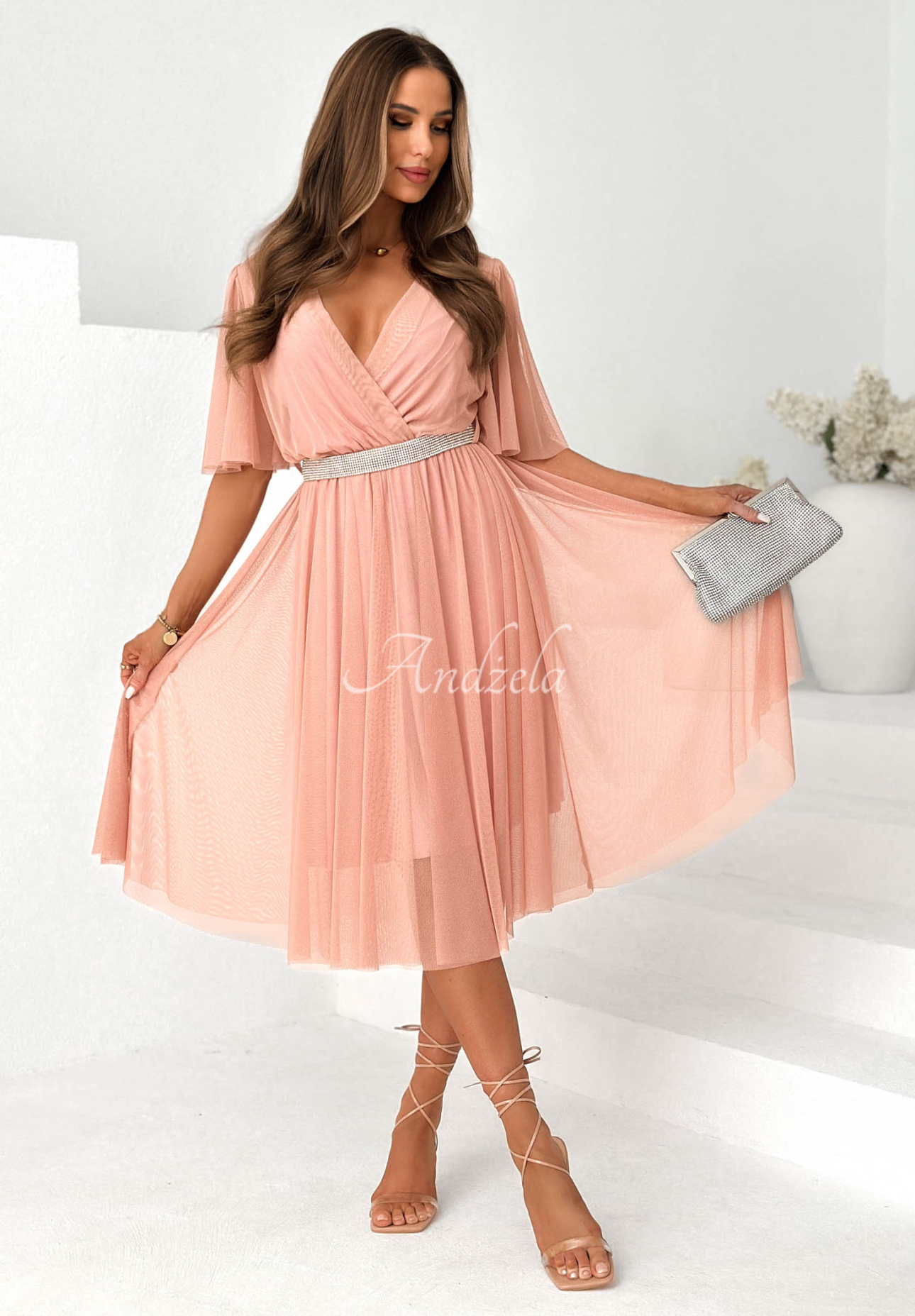Tulle Vibes powder pink tulle midi dress with a belt