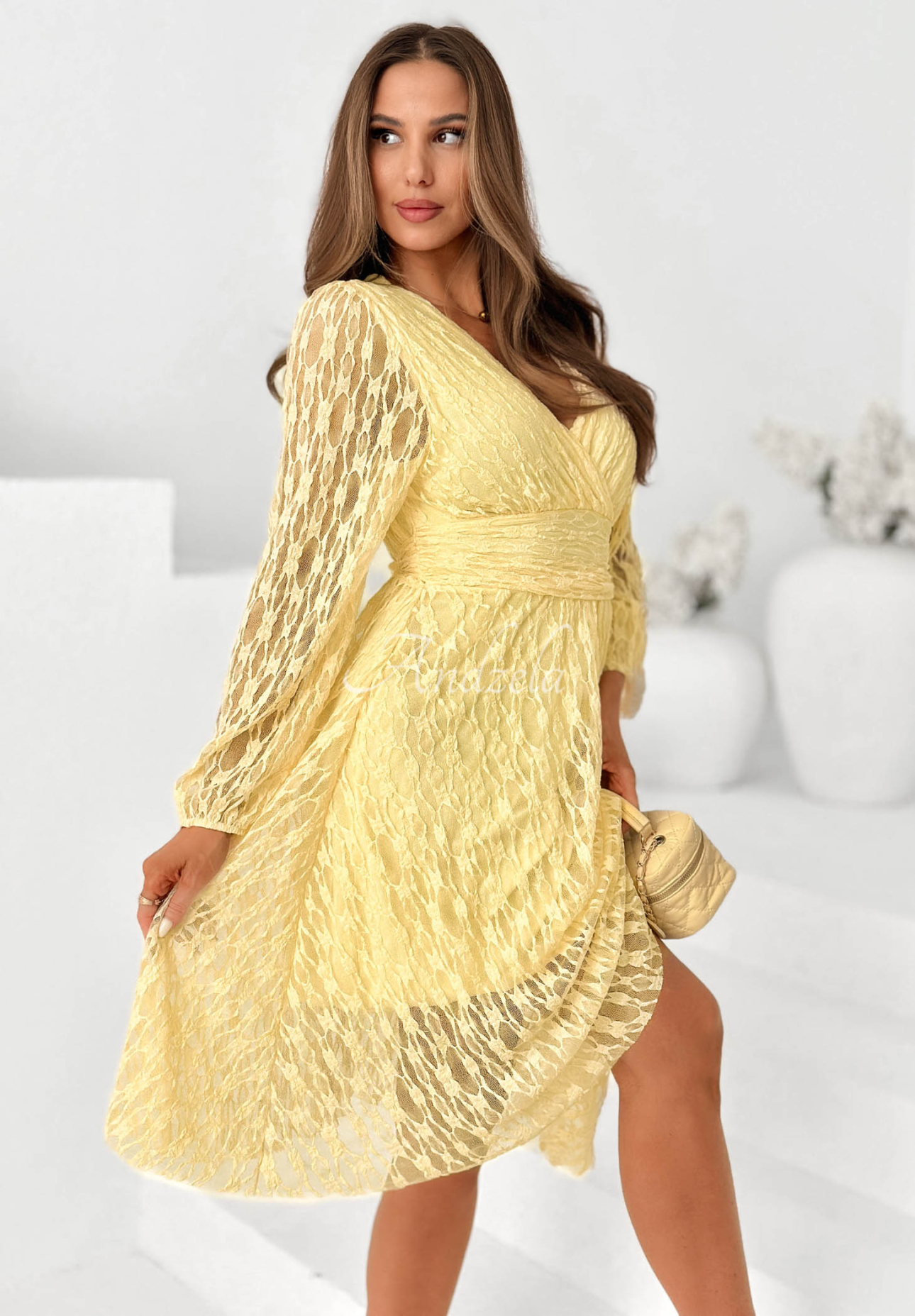 Good Moment Yellow Lace Dress with Gathered Waist