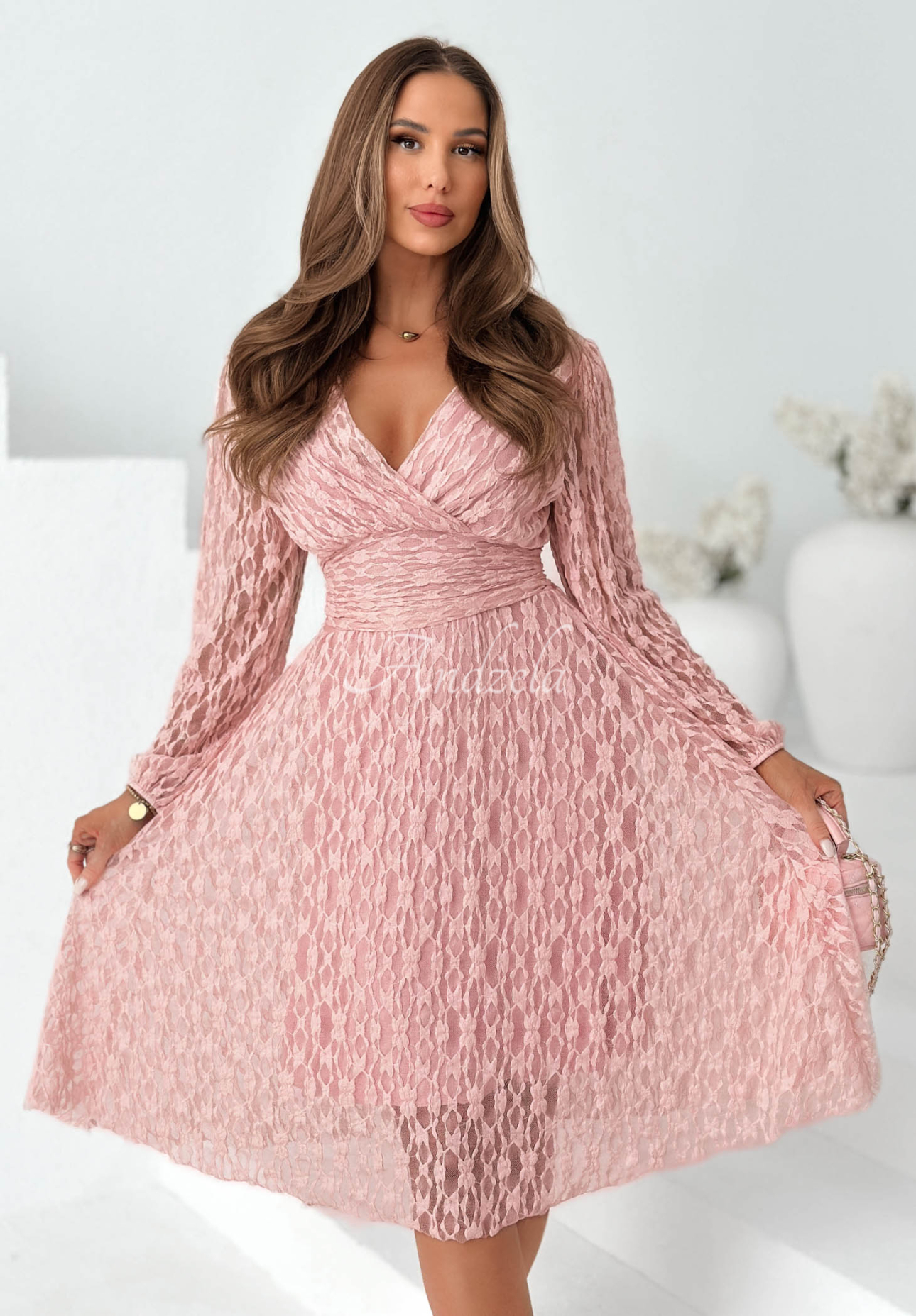 Good Moment lace dress with a gathered waist in powder pink